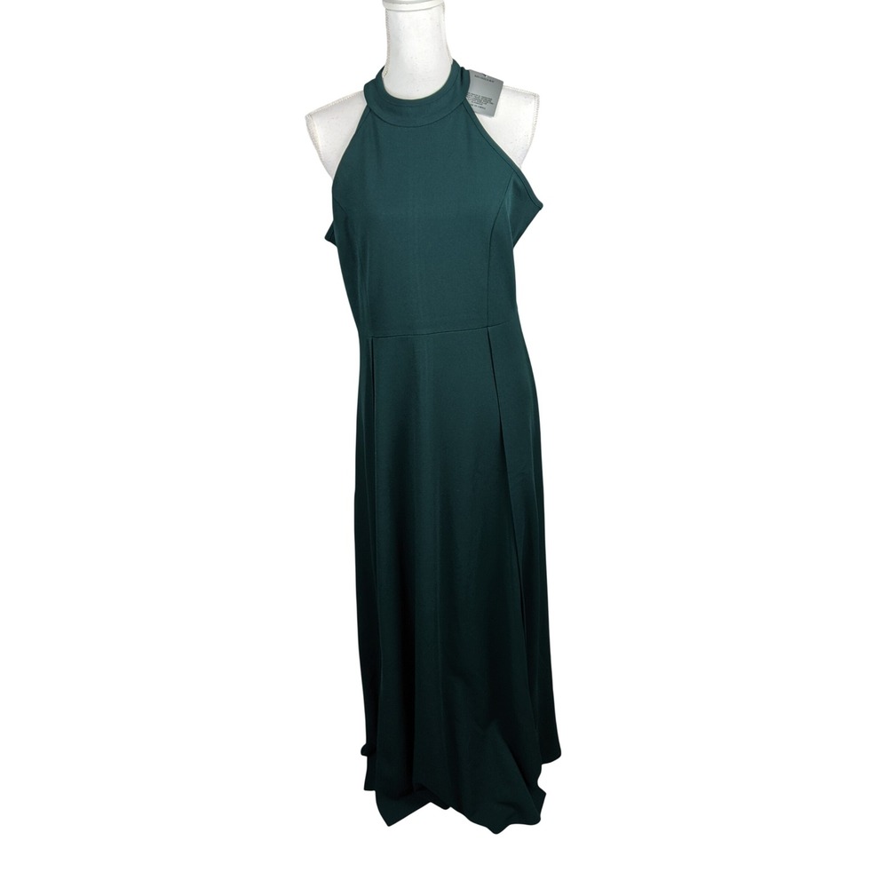 Mushare Women Forest Green Halter Mock Neck Maxi Dress Side Slit Size XL NWT